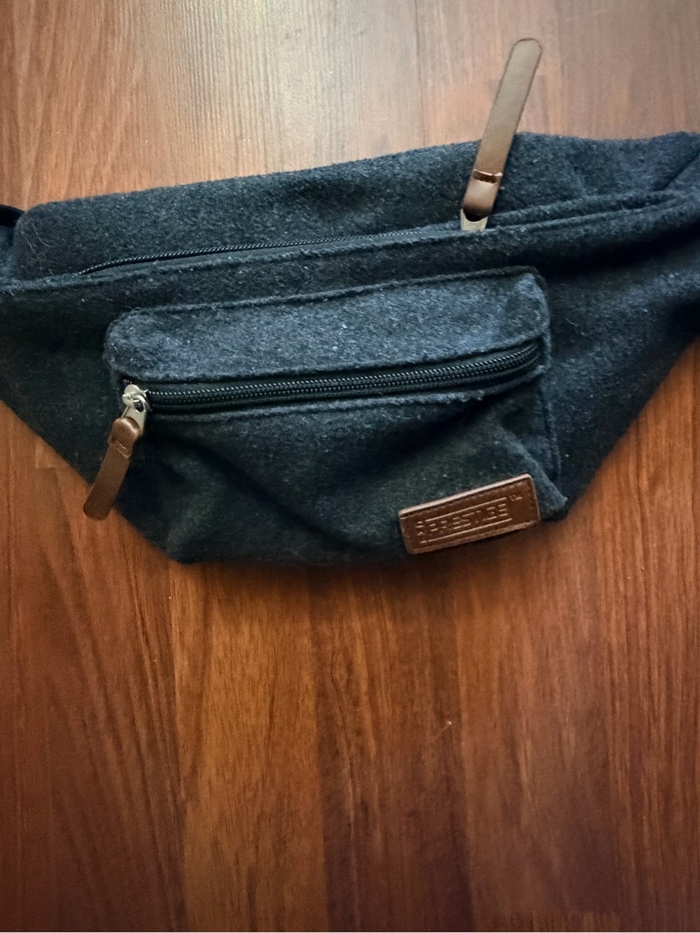 Black Wool Travel Waist Bag with Leather Accents